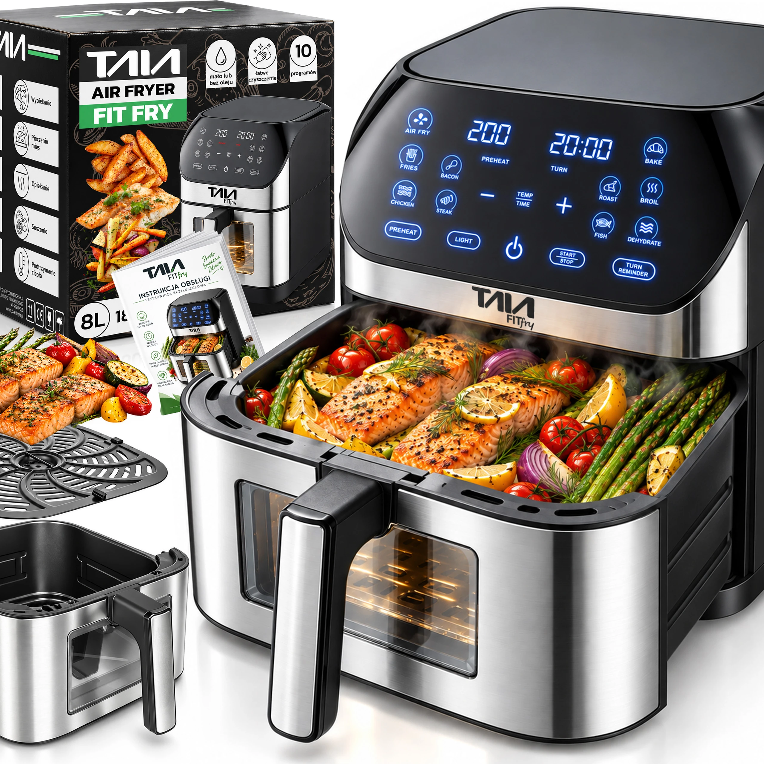 Frytkownica Beztłuszczowa Air Fryer TAIA Fit Fry 8L Panel LED z oknem podglądu, 10 programów, zdrowa kuchnia 1800W
