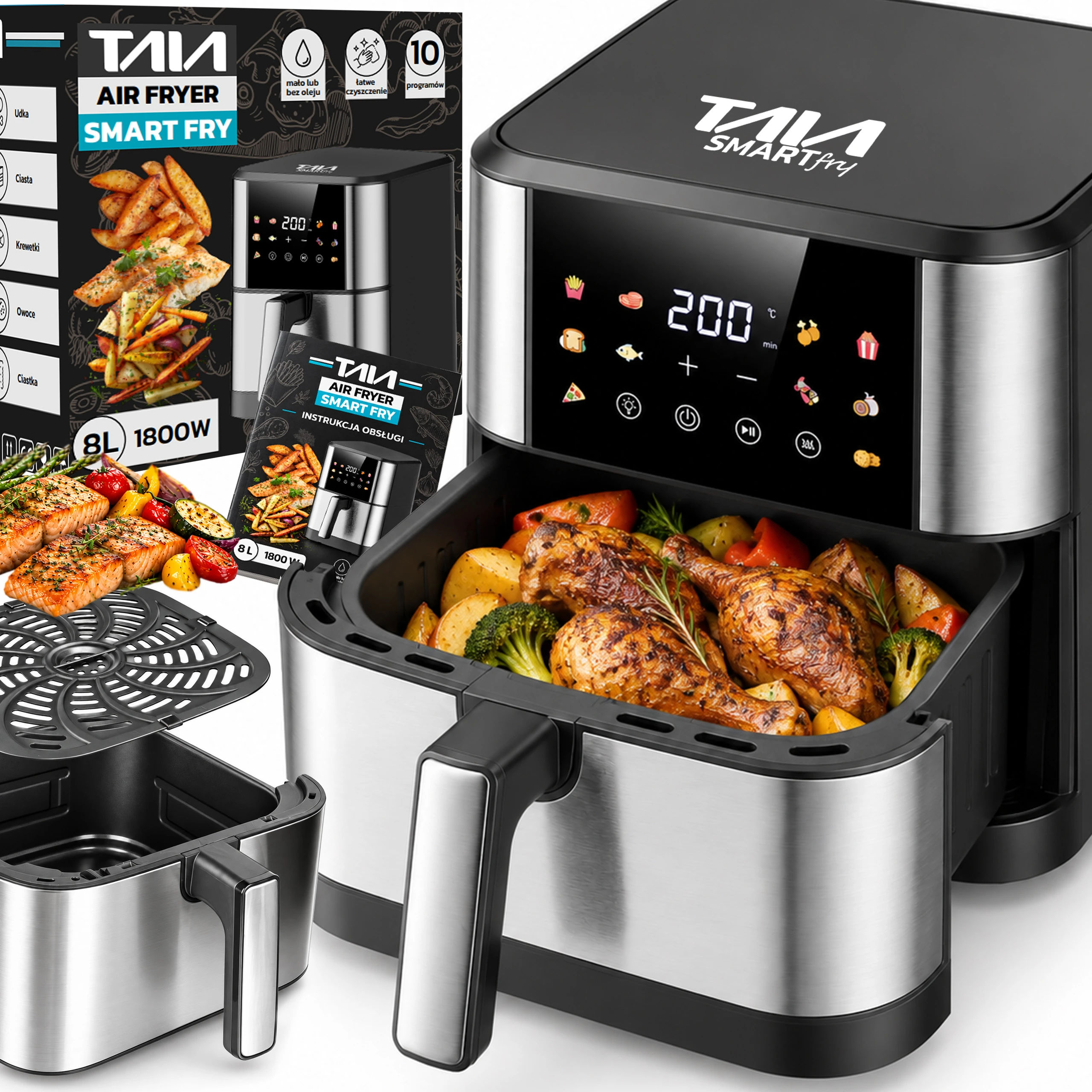 Nowoczesna Frytkownica Beztłuszczowa Air Fryer TAIA Smart Fry 8L Kolorowy Panel LED, 10 inteligentnych programów, oszczędna 1800W
