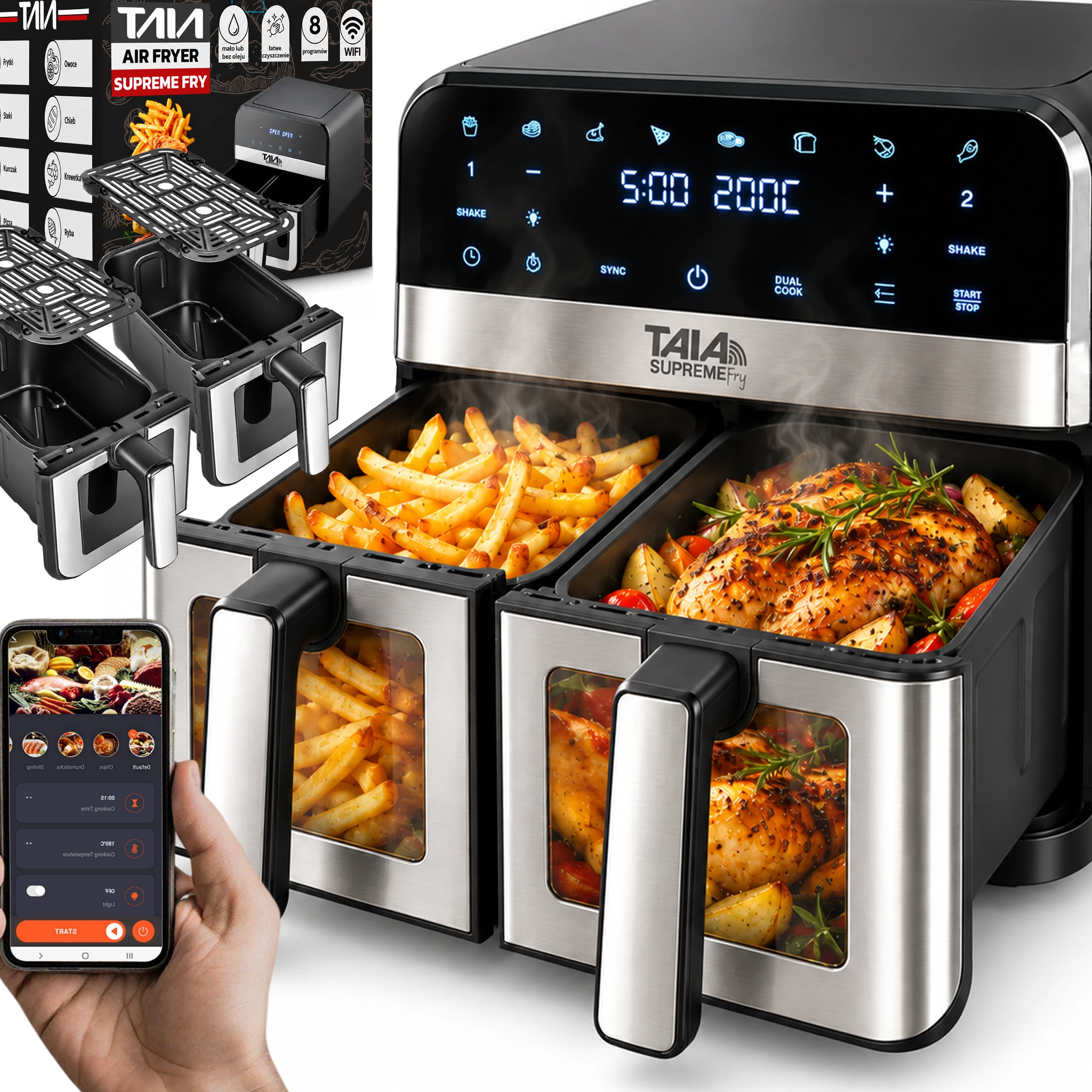 Duża Frytkownica Beztłuszczowa Air Fryer TAIA Supreme WI-FI 9L Dwie szuflady z oknem podglądu LED 2400W